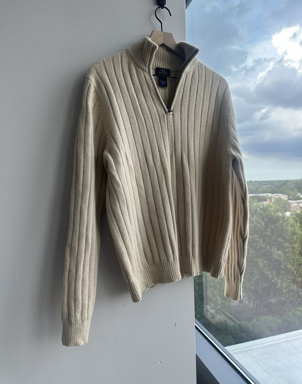 Brooks Brothers 346 Beige Cable-Knit Mock Neck 1/4 Zip Lambswool Sweater L